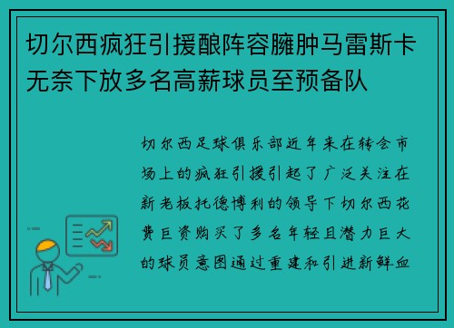 切尔西疯狂引援酿阵容臃肿马雷斯卡无奈下放多名高薪球员至预备队